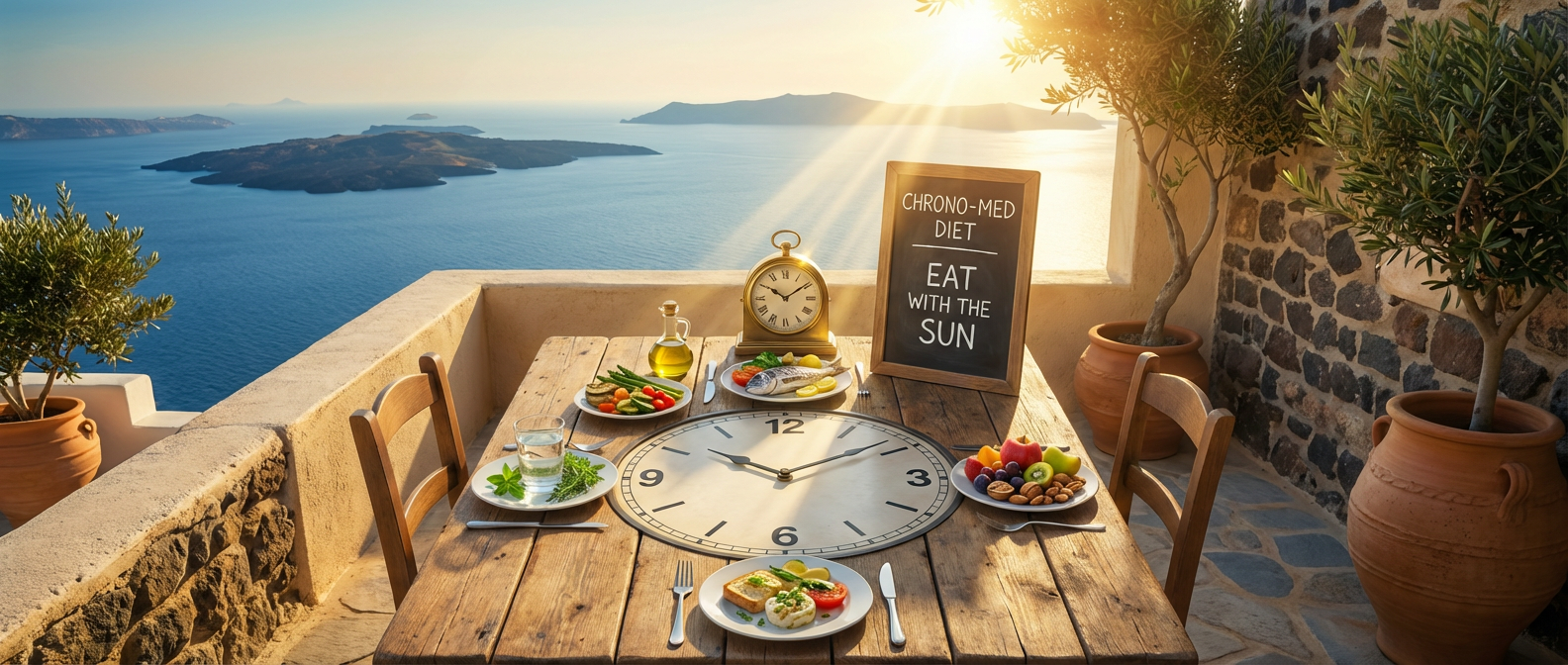 Mediterranean meal with a table clock and sign: CHRONO-MED DIET EAT WITH THE SUN.