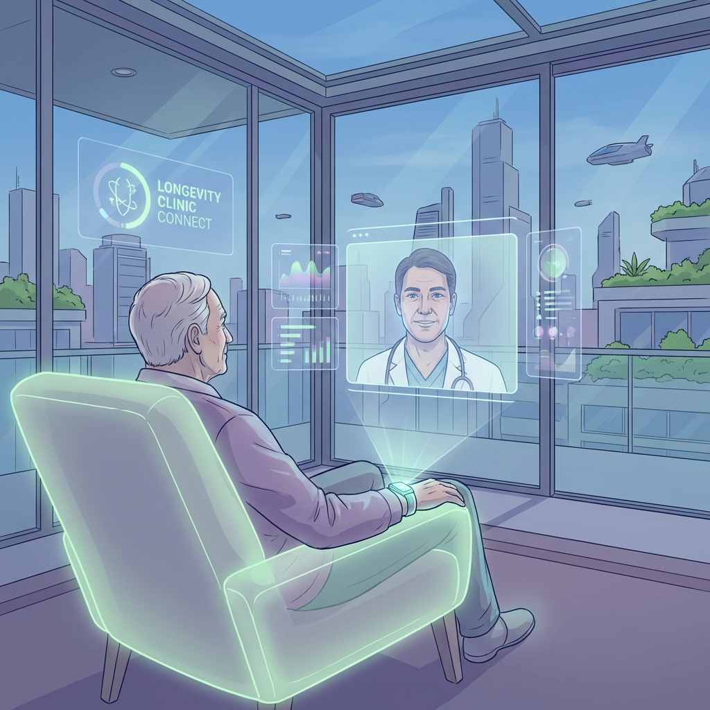 Man using a holographic medical interface; includes text: LONGEVITY CLINIC CONNECT.