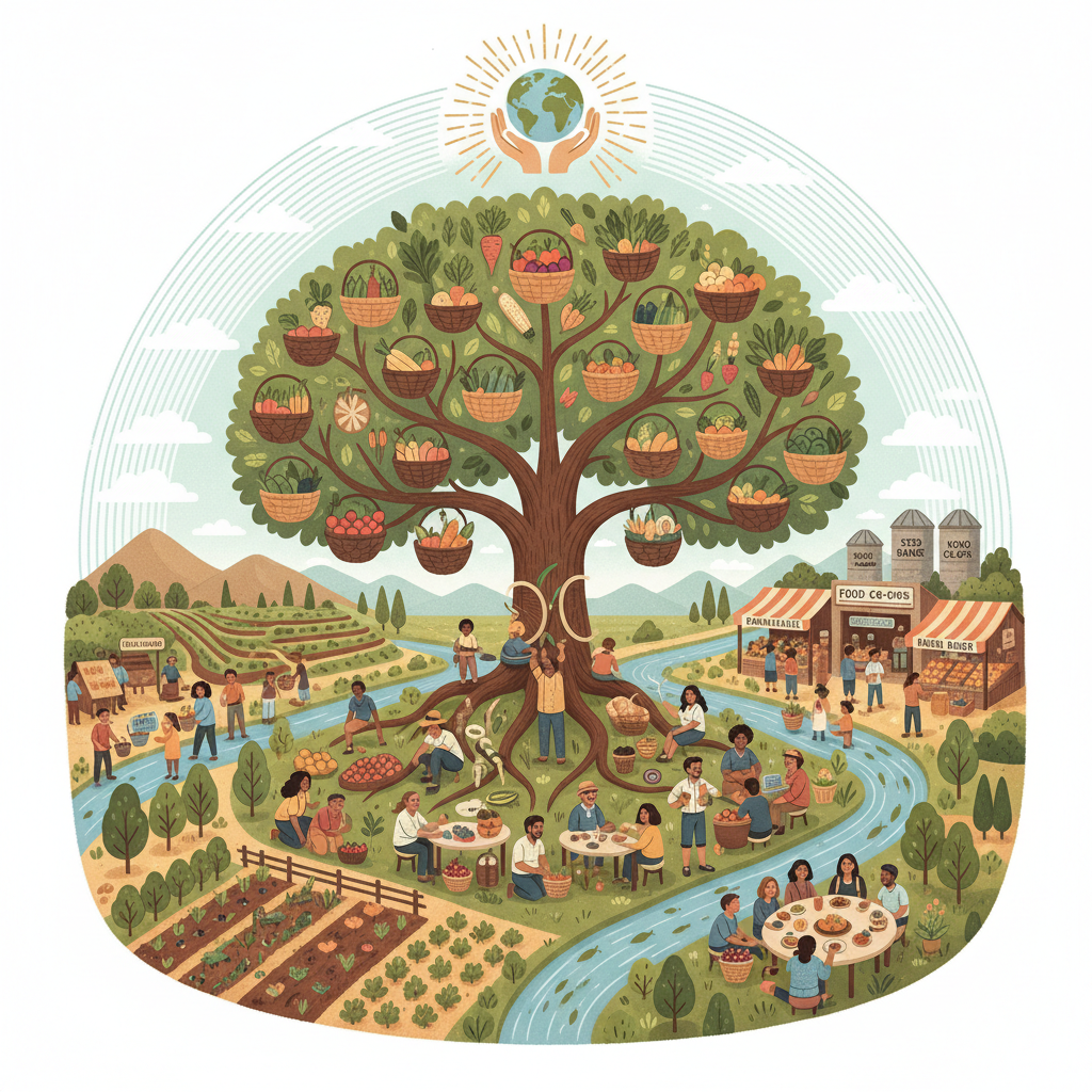 Detailed illustration of a community farming and sharing food around a giant produce-bearing tree.
