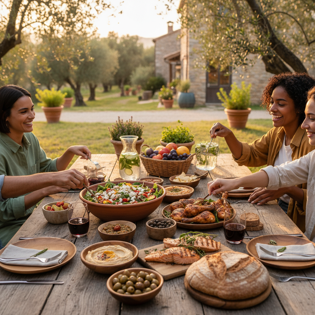 Friends sharing a Mediterranean meal at a rustic outdoor table during sunset.
