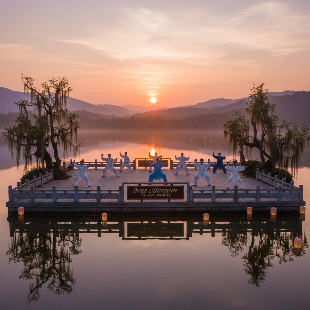 People practicing Tai Chi at sunrise on a platform signed OLTRE L'ORIZZONTE TAI CHI SUNRISE.