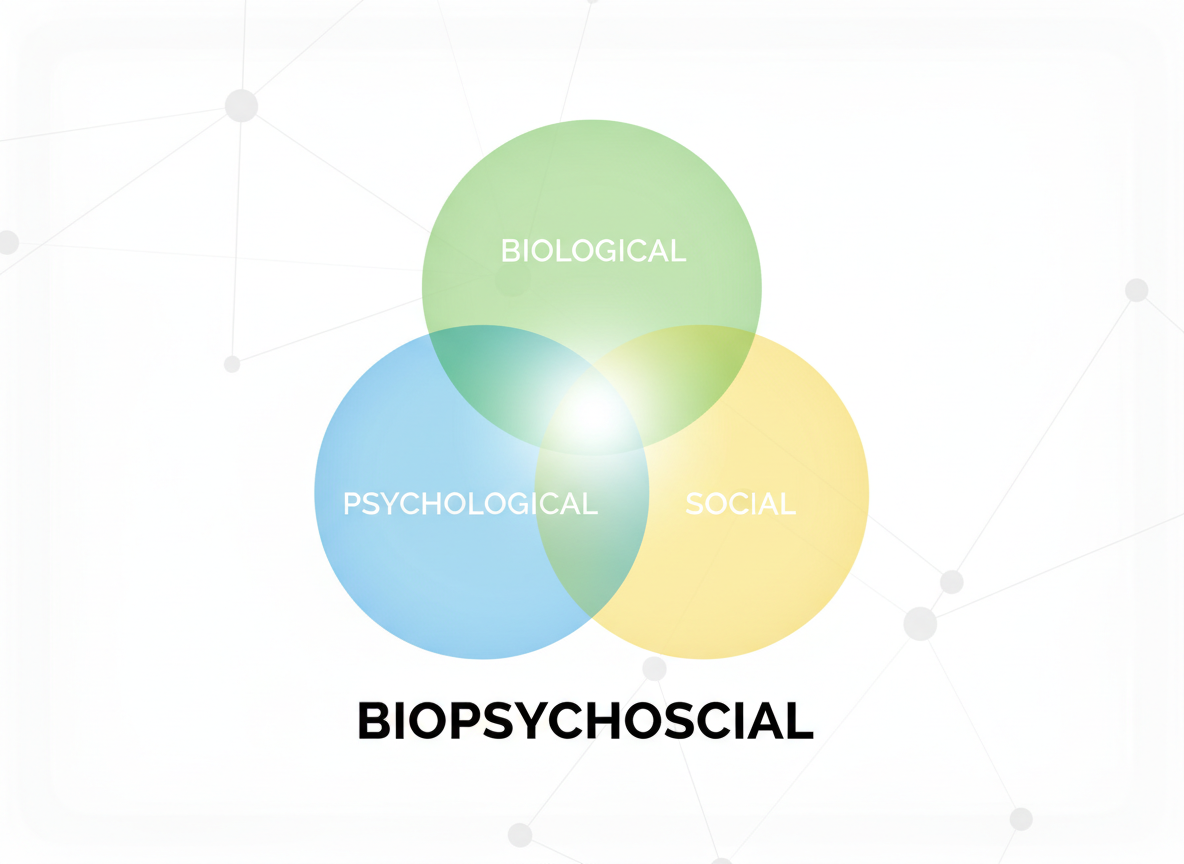 Venn diagram with circles labeled BIOLOGICAL, PSYCHOLOGICAL, SOCIAL, and heading BIOPSYCHOSCIAL.