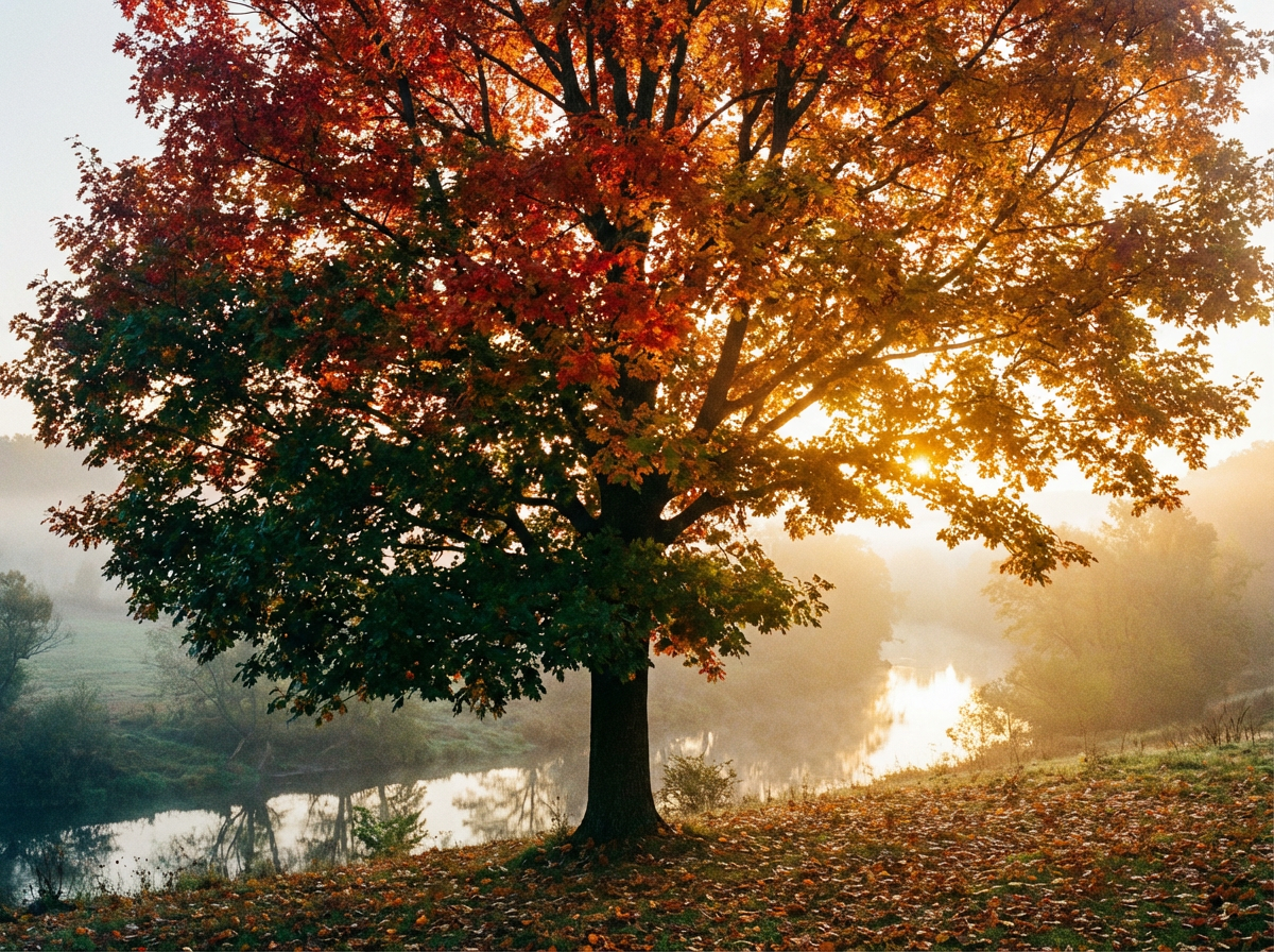 Large autumn tree with red and green leaves beside a misty river at sunrise.