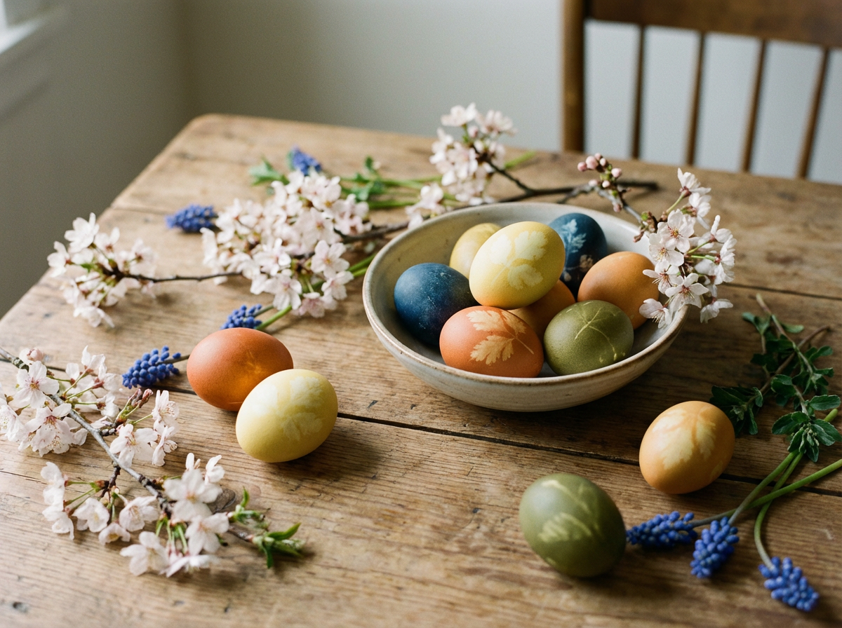 Naturally dyed Easter eggs with leaf patterns and spring flowers on a wooden table.