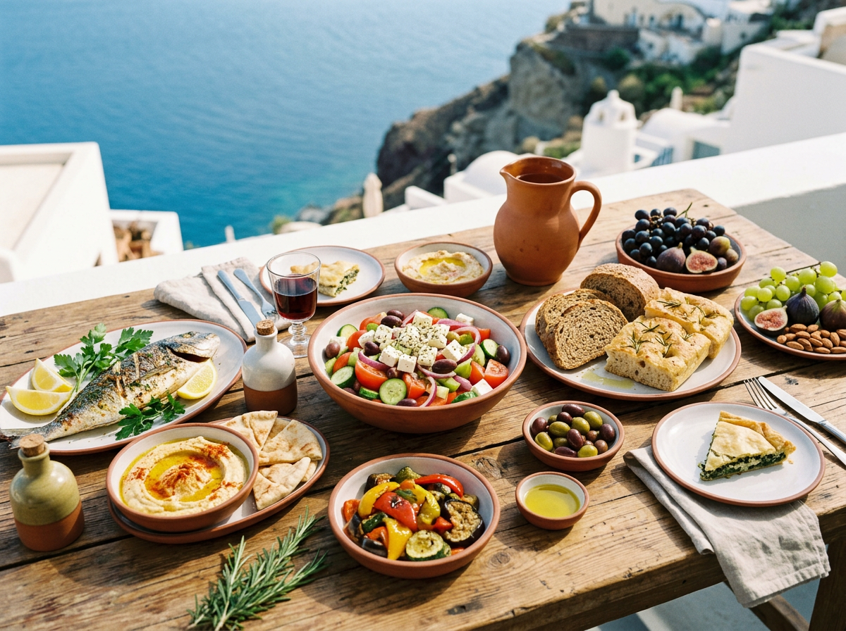 Mediterranean dishes including grilled fish, Greek salad, hummus, roasted vegetables, bread, olives and fruit on a wooden table with ocean in background