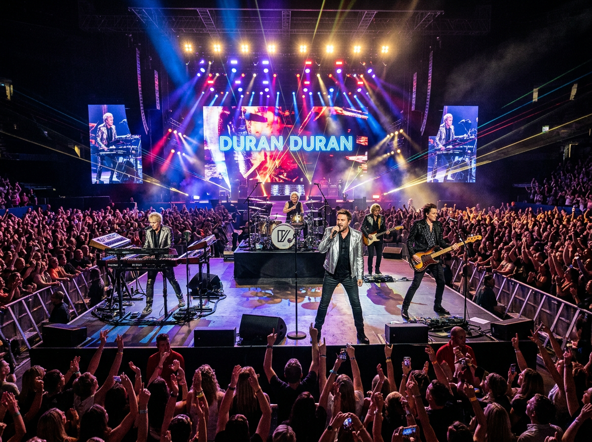 Duran Duran performing on stage with colorful lights and large audience