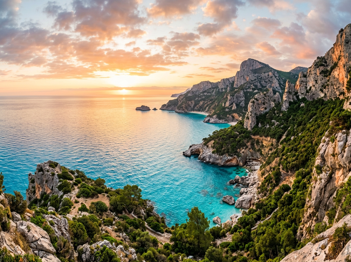 Rocky Mediterranean coastline with turquoise sea and sunset sky