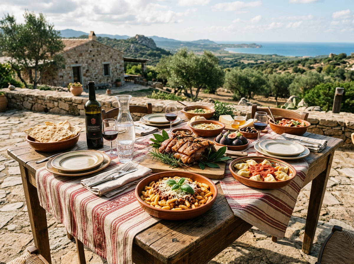 Outdoor table with Mediterranean food including roasted meat, pasta, figs, wine, and bread