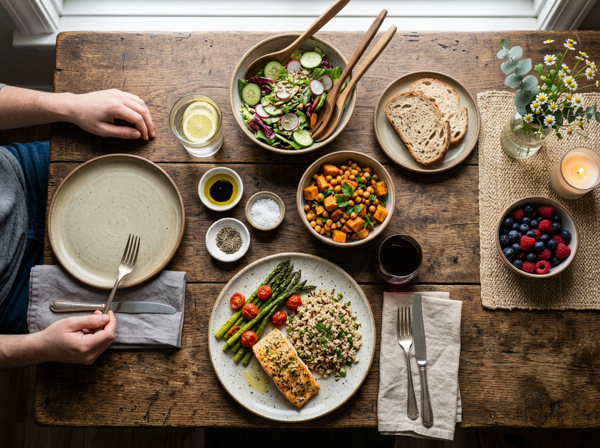 Plate with salmon, asparagus, cherry tomatoes, and grain salad, side dishes with chickpeas, salad, bread, and berries on wooden table