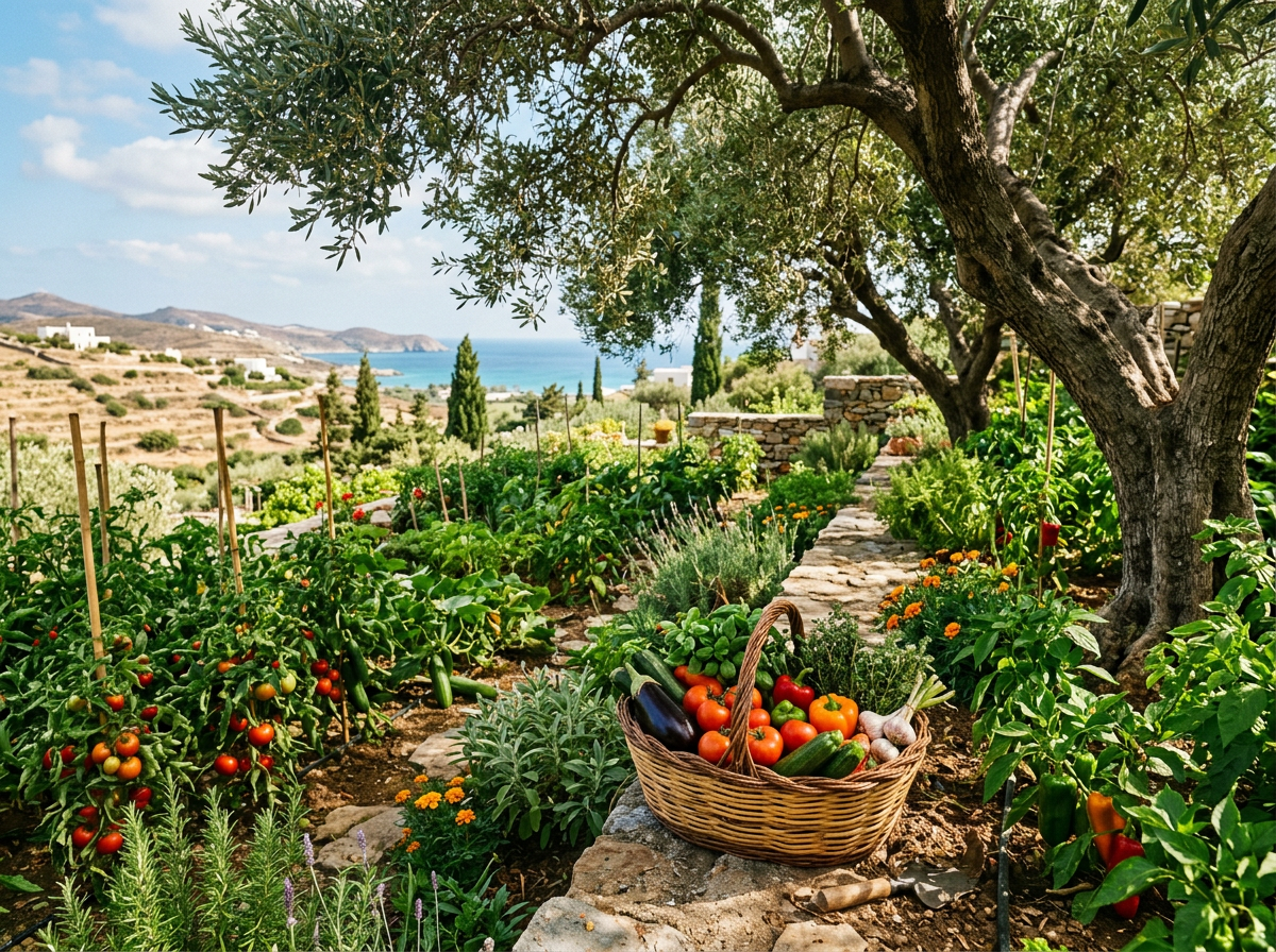 Basket of fresh vegetables in a Mediterranean garden with olive trees and sea view