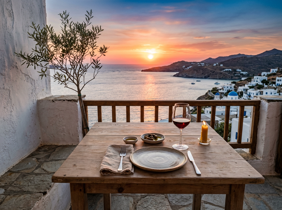 Wooden table set with empty plate, fork, knife, bowl of olives, olive oil, wine glass, and candle with sunset over coastal village and sea