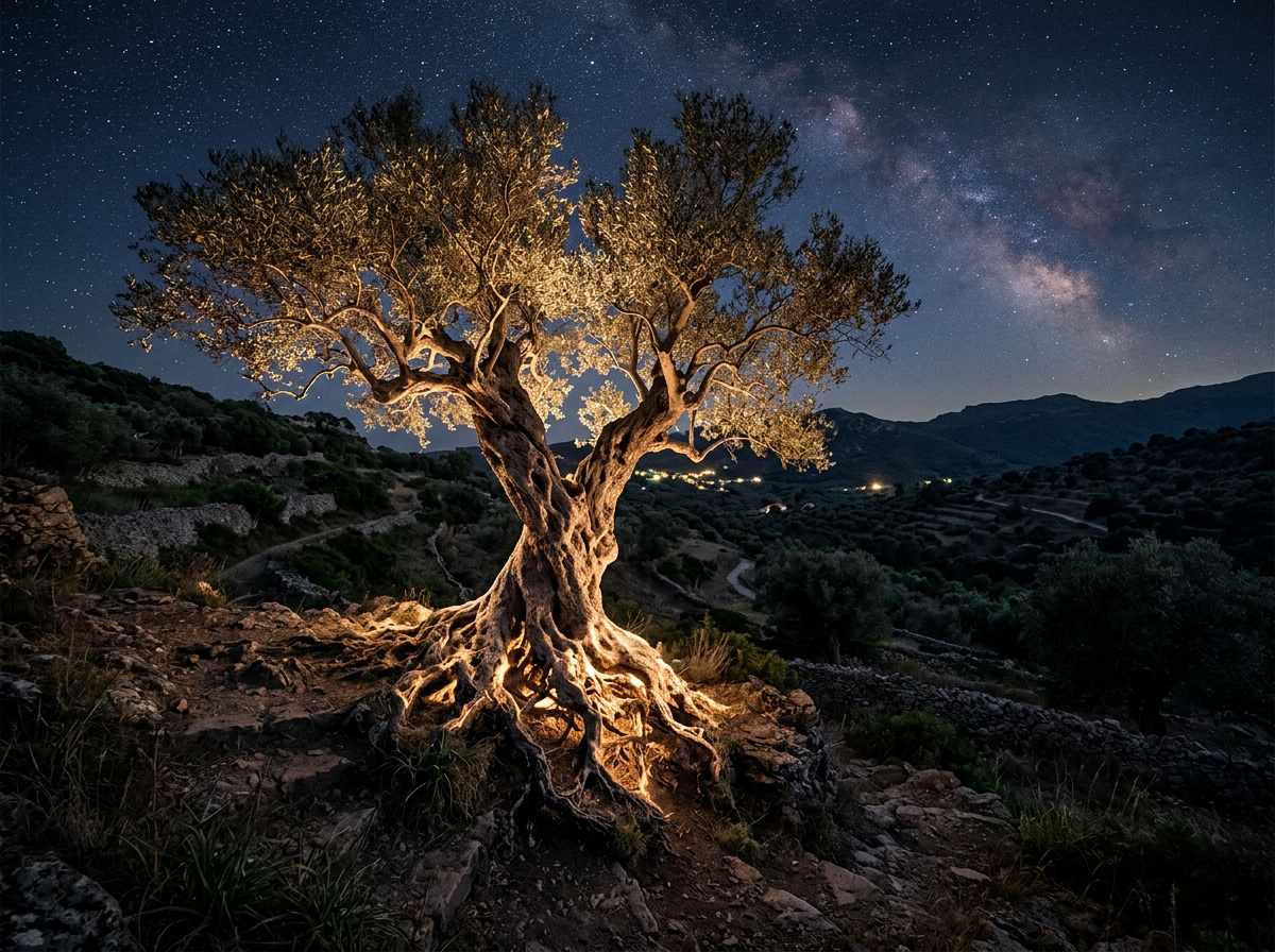 Ancient olive tree illuminated at night with stars and Milky Way in background