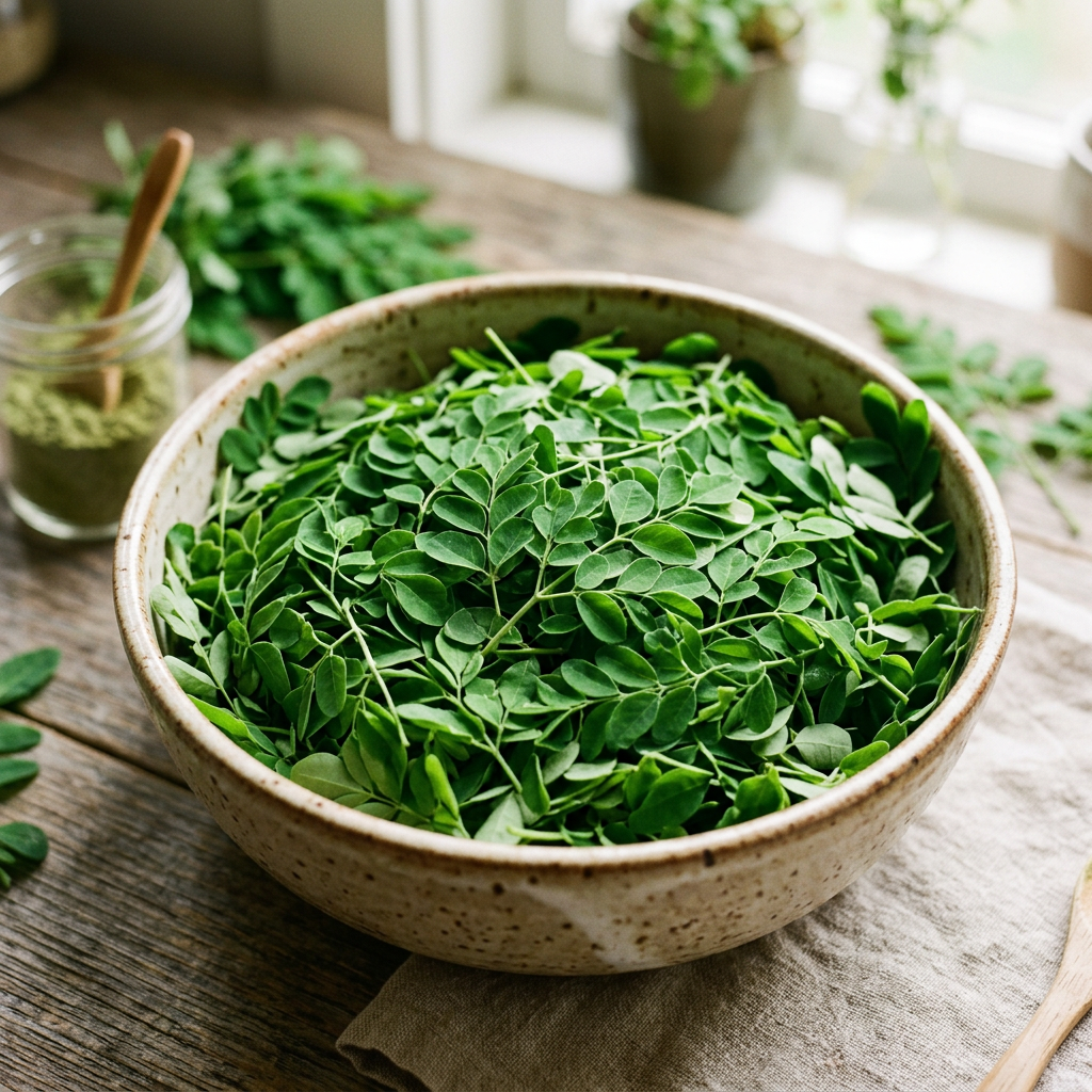 Bowl filled with fresh moringa leaves on a wooden table