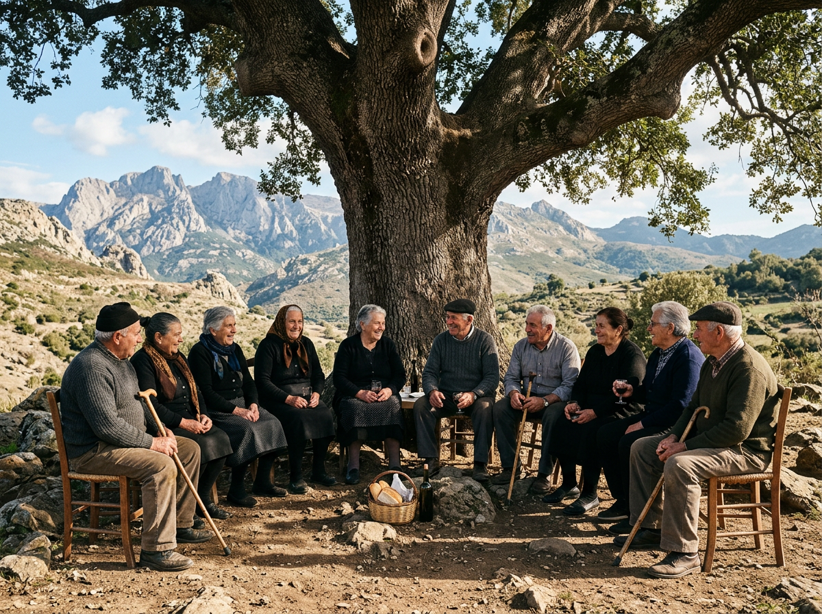 Ten elderly people sitting in a circle under a large tree outdoors with mountains in the background, sharing drinks and bread.