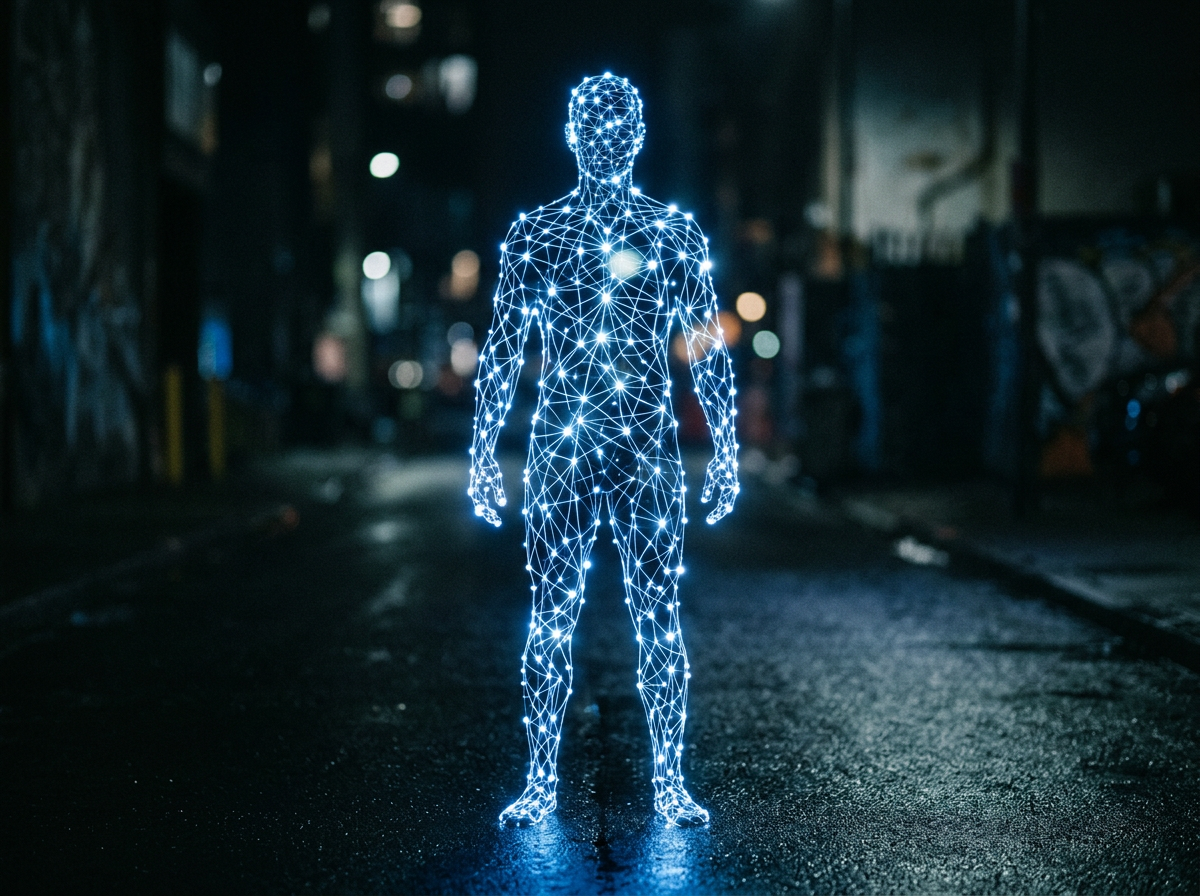 Glowing blue digital network figure shaped like a human body standing on a wet urban street at night