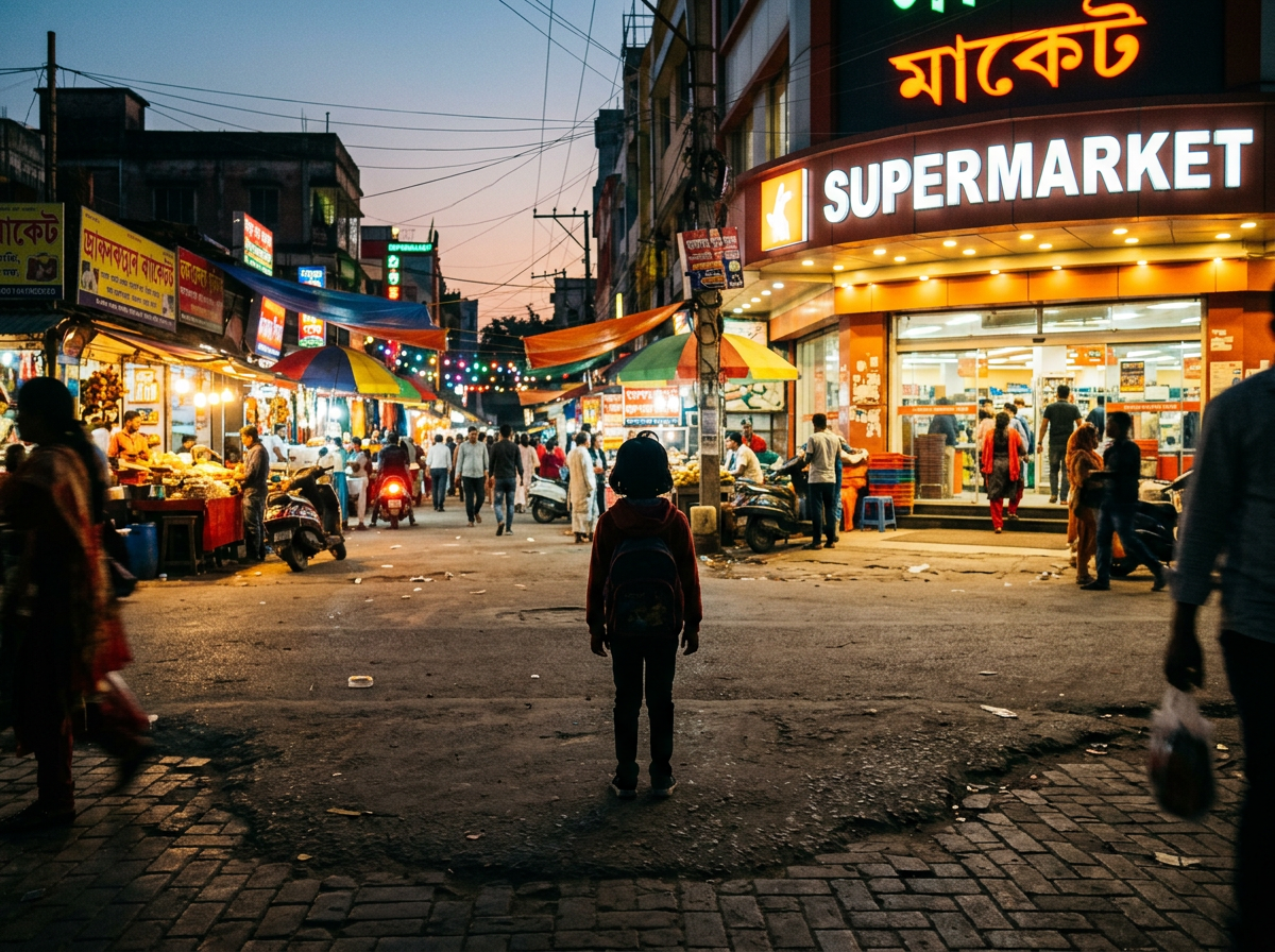 Child with backpack standing facing a lively market street and supermarket entrance at dusk