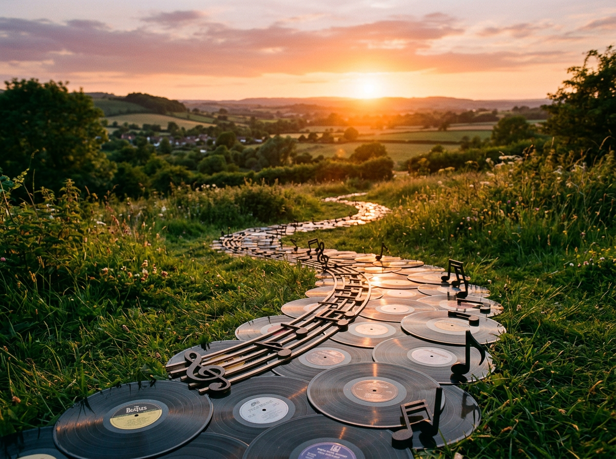 Path composed of vinyl records and musical notes winding through grassy countryside at sunset