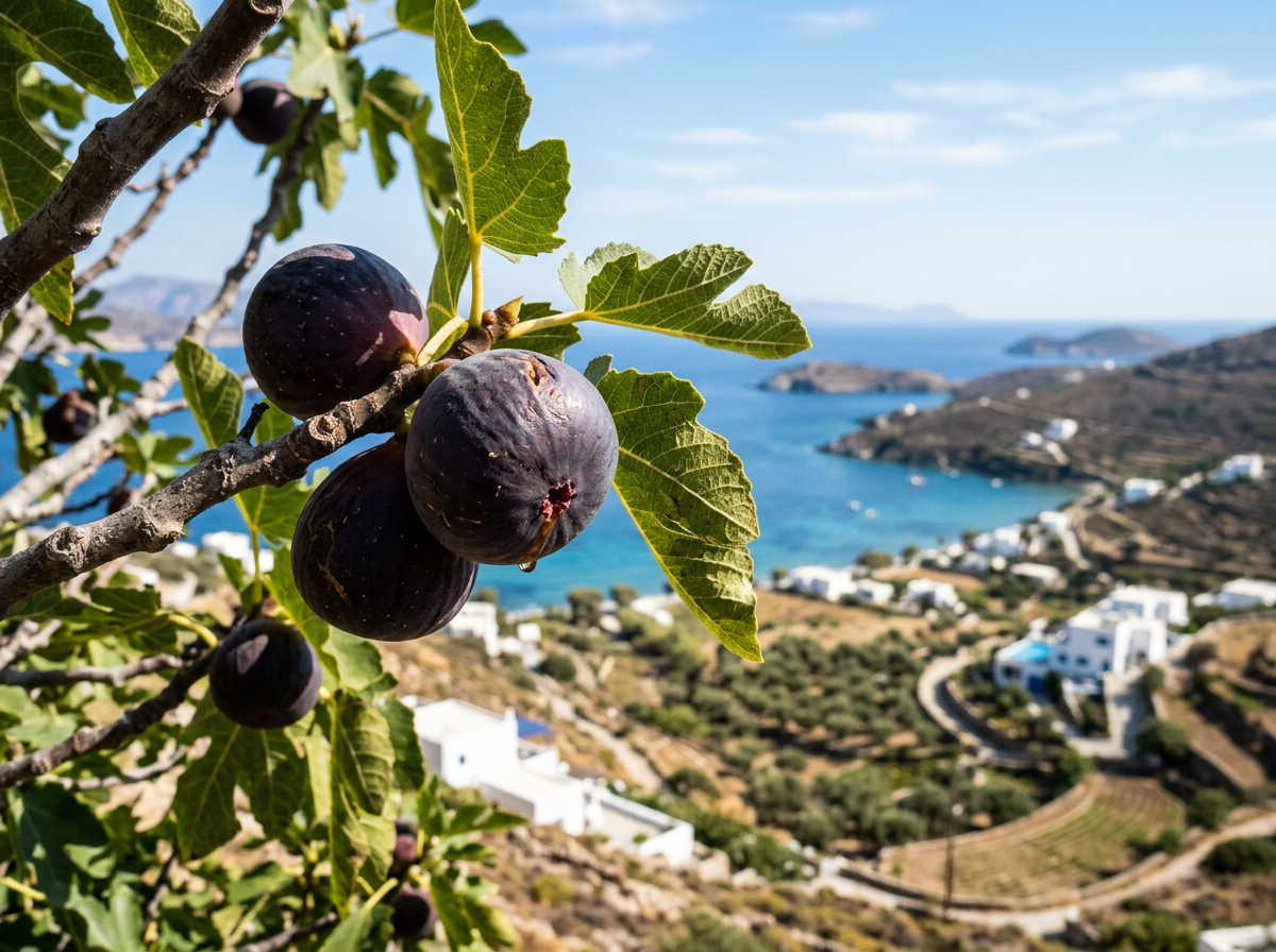 Close-up of ripe purple figs on a tree branch with green leaves against a blurred coastal village and blue sea background