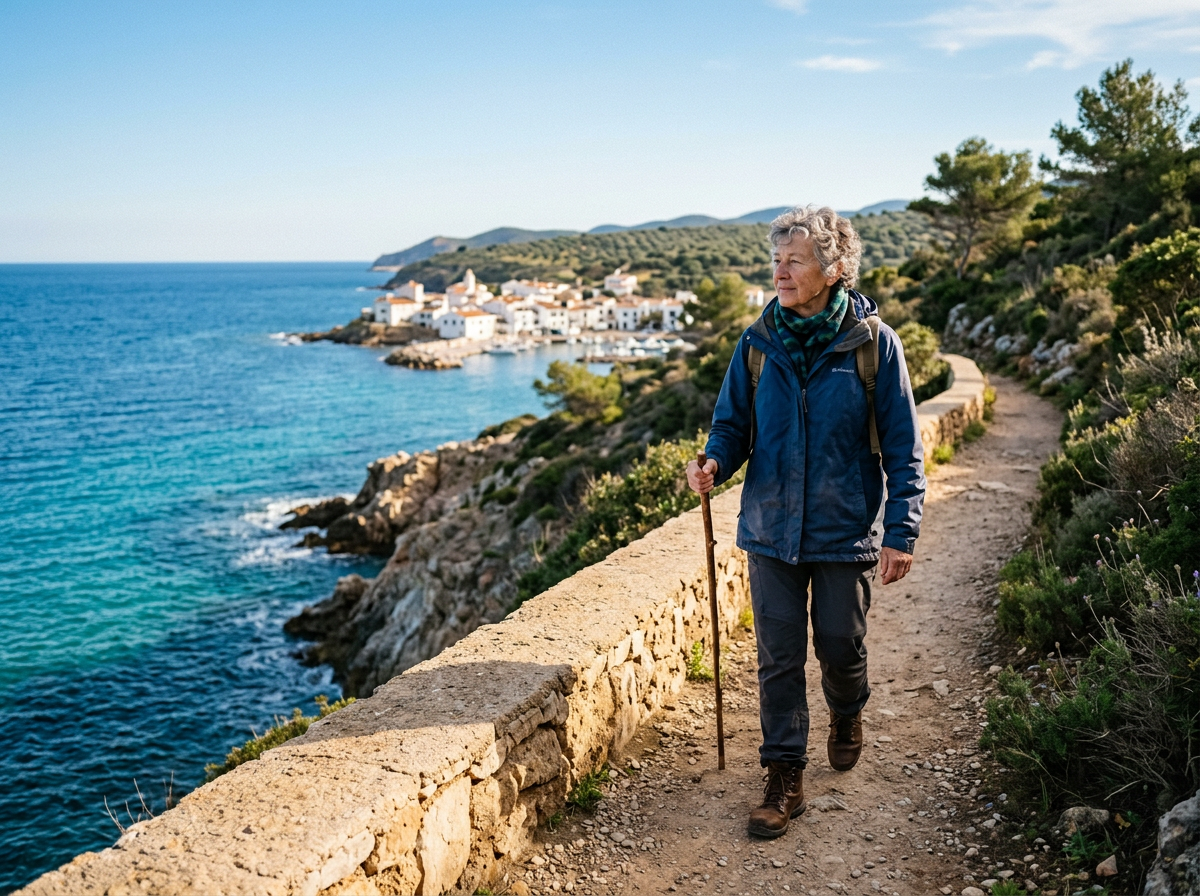 Older hiker walking coastal trail above turquoise sea and seaside village