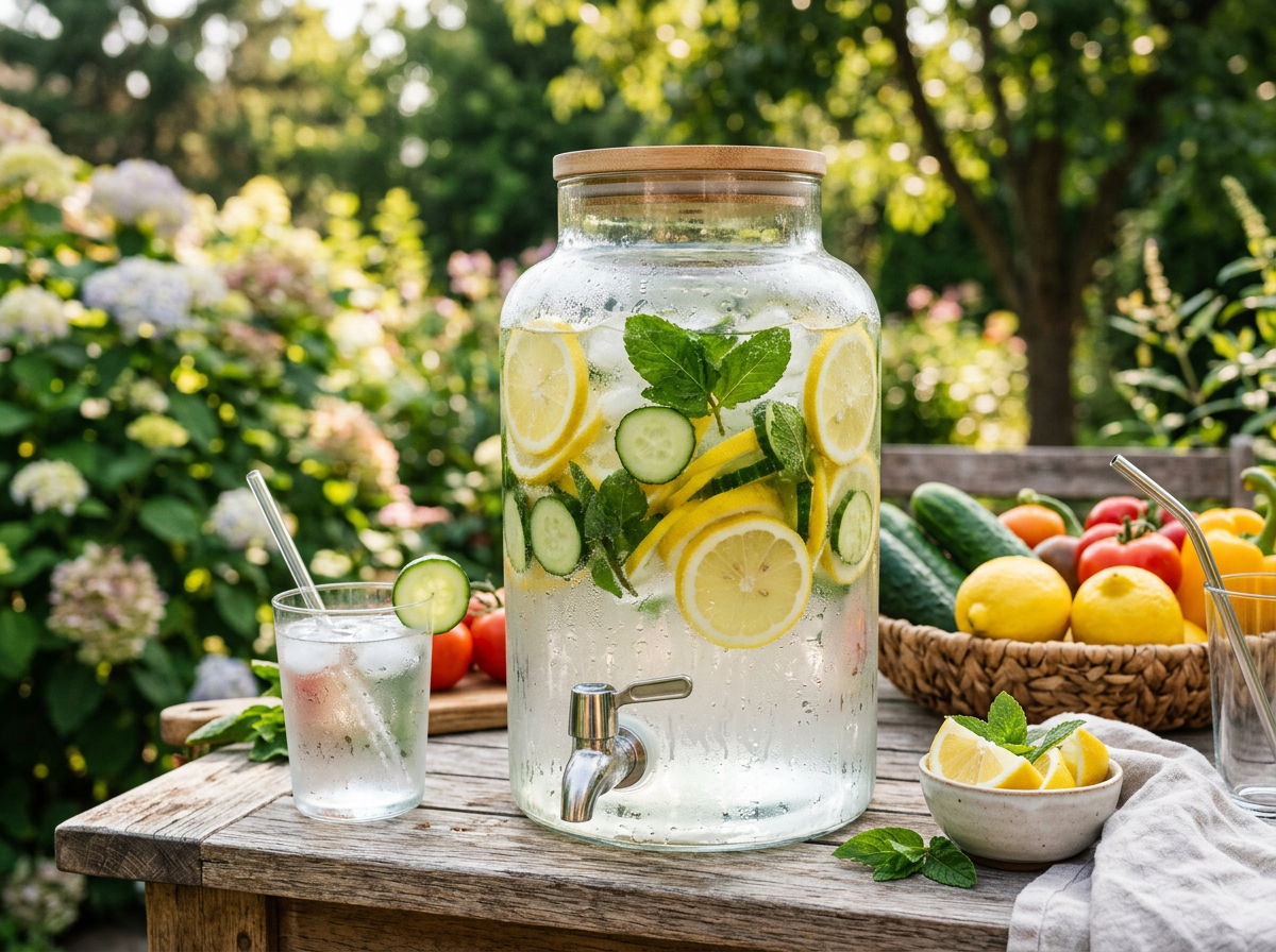 Glass dispenser of lemon cucumber mint water beside a serving glass
