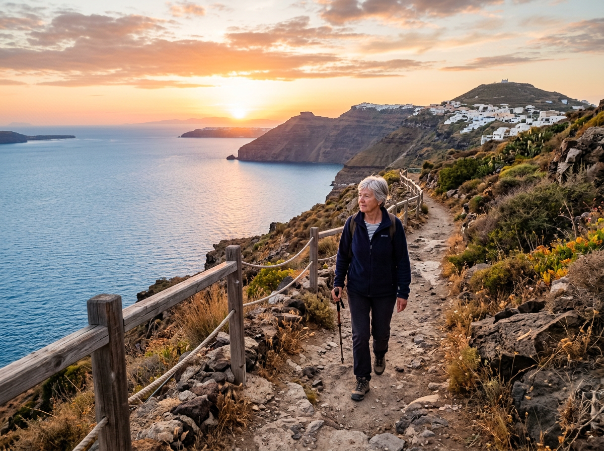 Hiker walking a cliffside trail above the sea at sunset