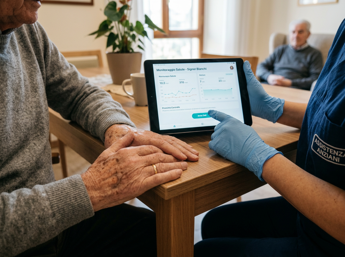 Caregiver showing an older man a tablet with health monitoring data