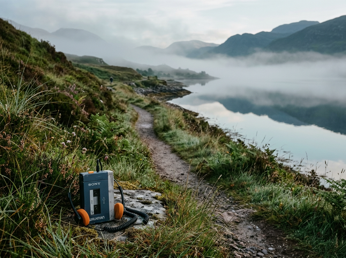 Sony Walkman with orange headphones beside a misty mountain lake trail