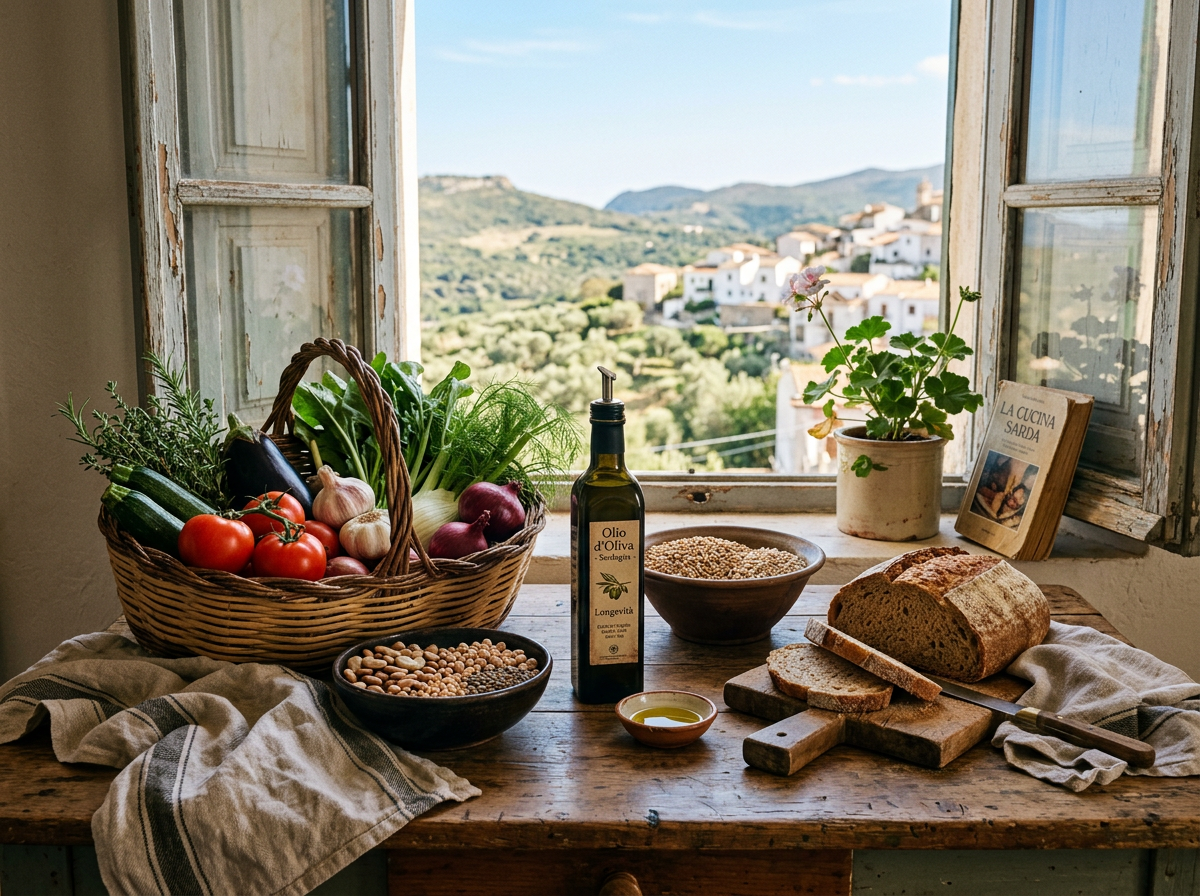 Basket of vegetables, olive oil, legumes, bread, and herbs on a table by an open window