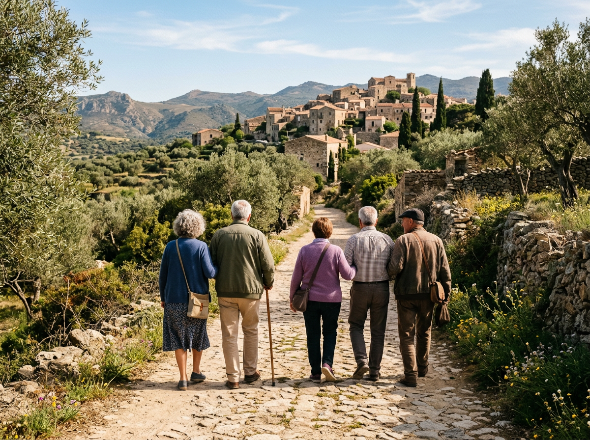 Five older adults walking along a stone path toward a hill village