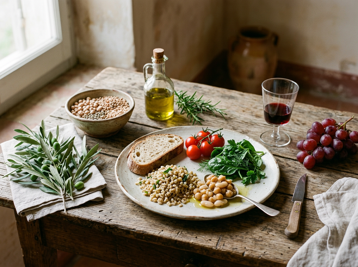 Mediterranean-inspired meal with grains, beans, vegetables, bread, olives, and wine