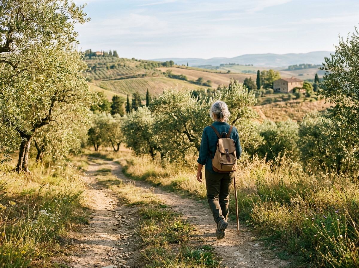 Hiker with backpack walking a dirt path through olive groves and Tuscan hills