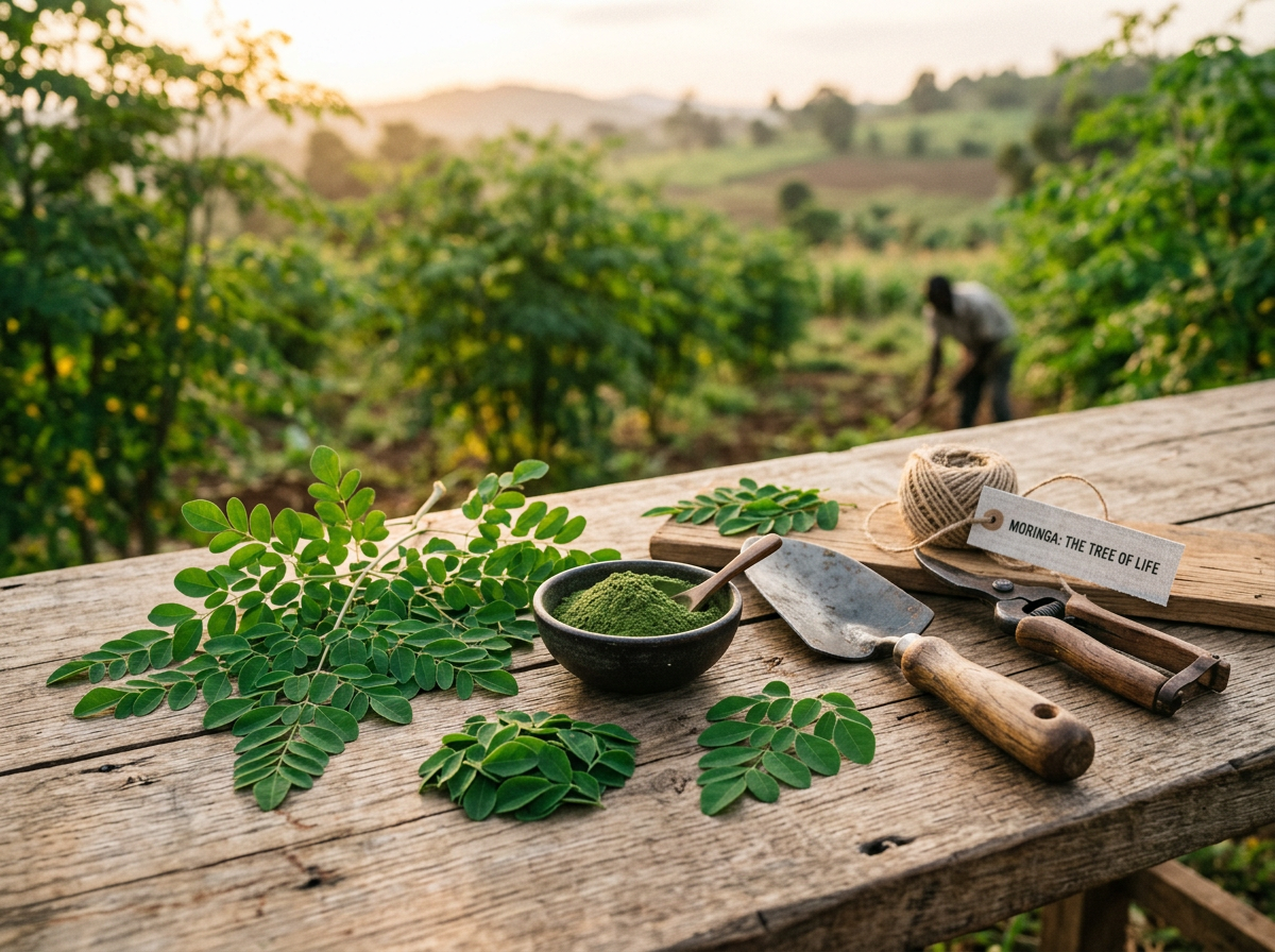 Moringa leaves, powder, gardening tools, and tag reading “MORINGA: THE TREE OF LIFE”