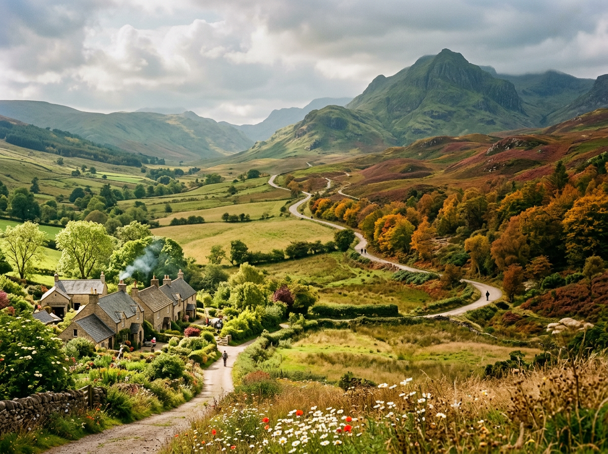 Village and winding road in an autumn mountain valley