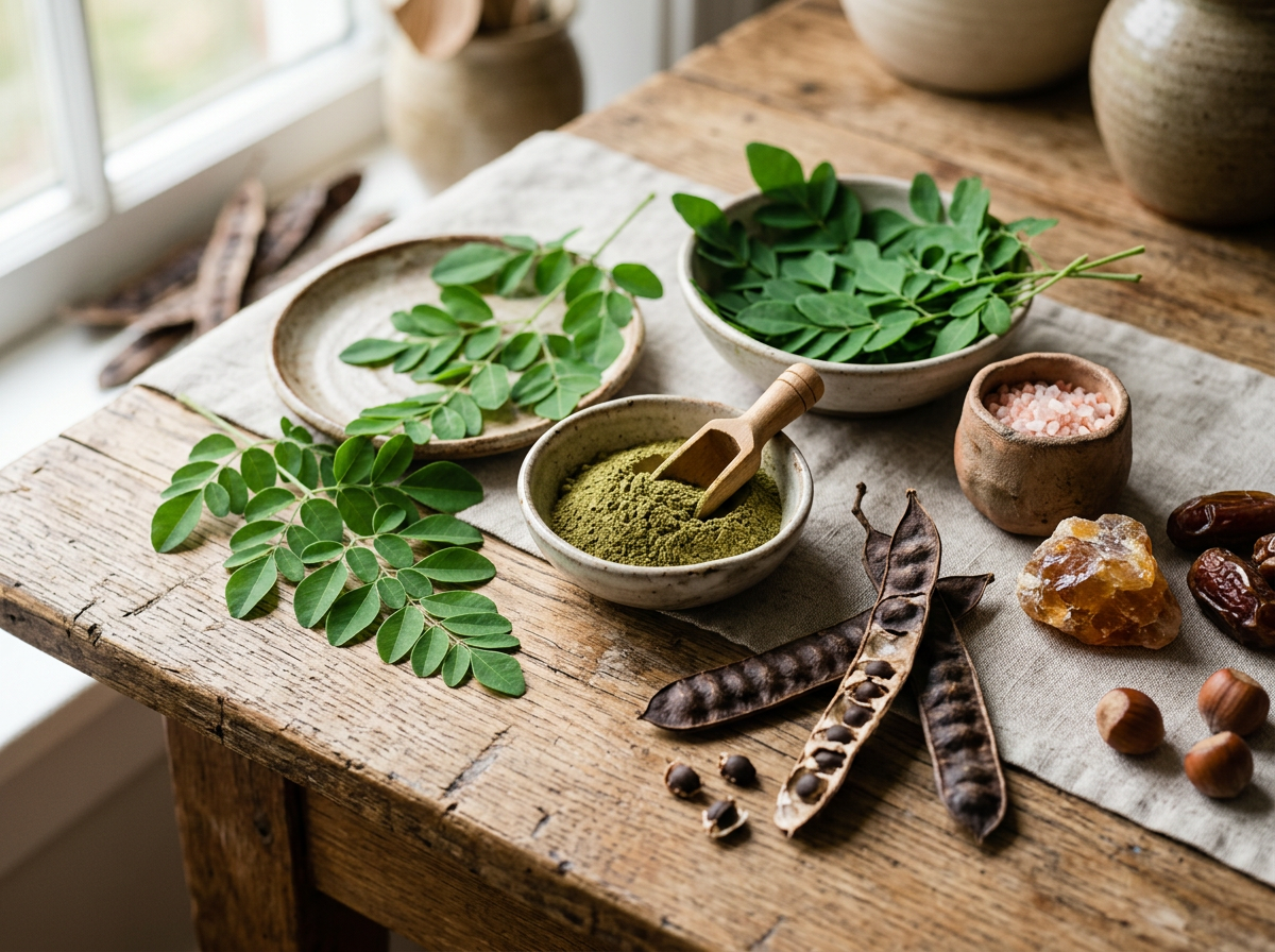 Moringa leaves and powder with pods, dates, salt, and nuts on a wooden table