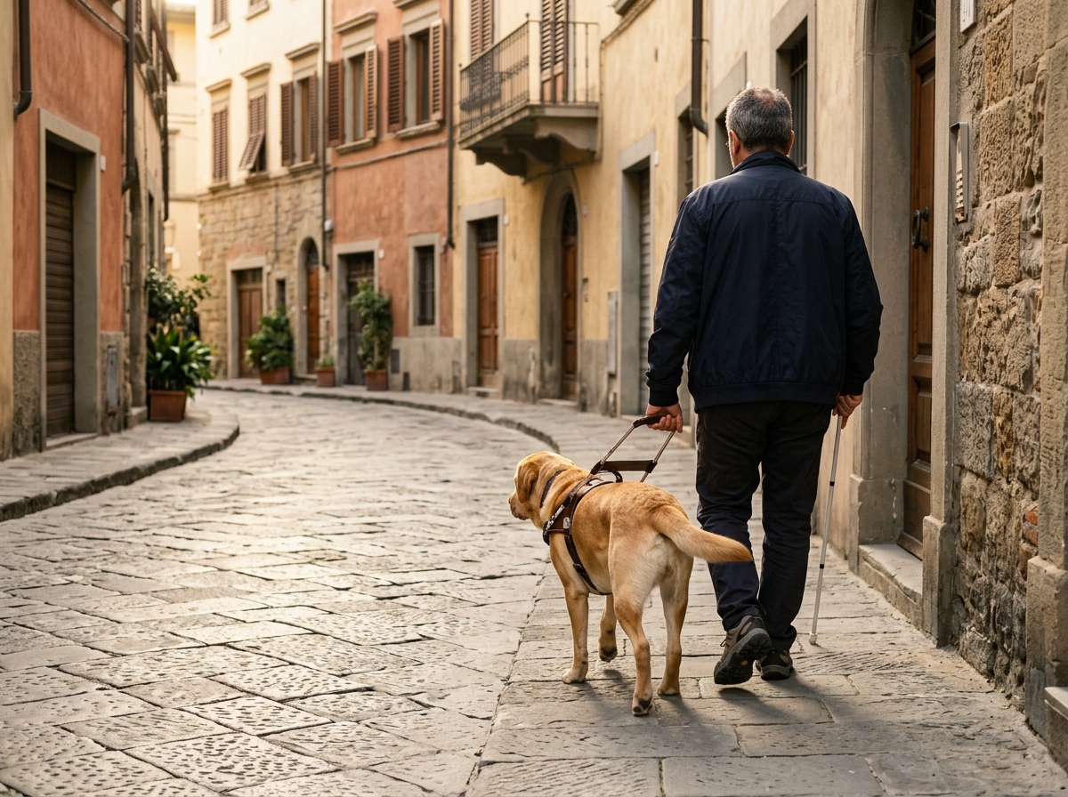 Man walking with a guide dog along a historic cobblestone street