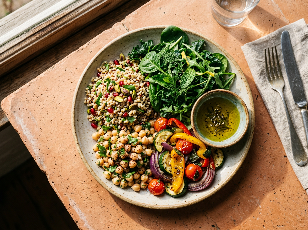 Piatto unico mediterraneo: ciotola con cereali, ceci, verdure a foglia, ortaggi arrostiti e condimento